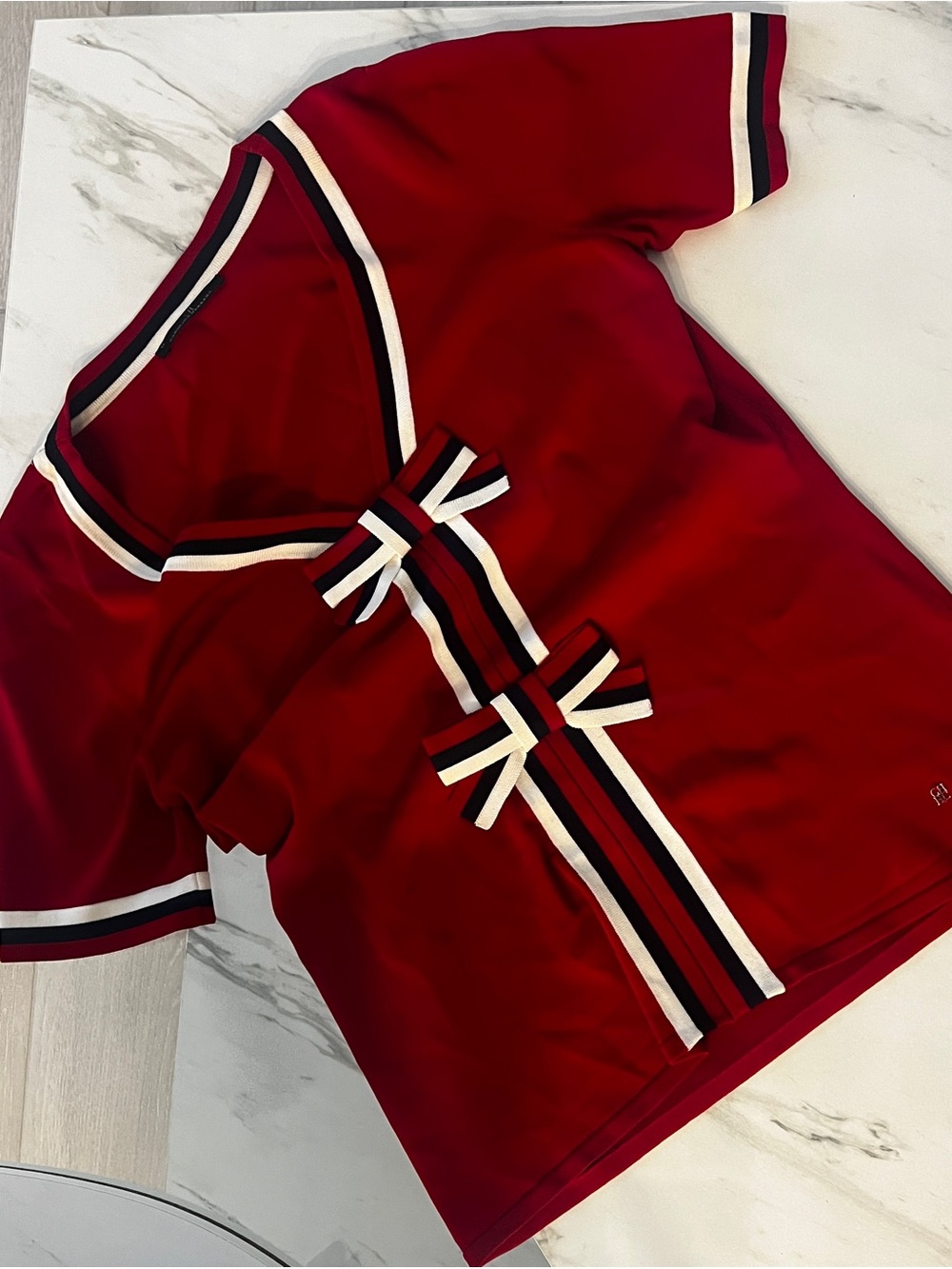 Carolina Herrera Red Short Sleeve Top with Striped Ribbon Detail